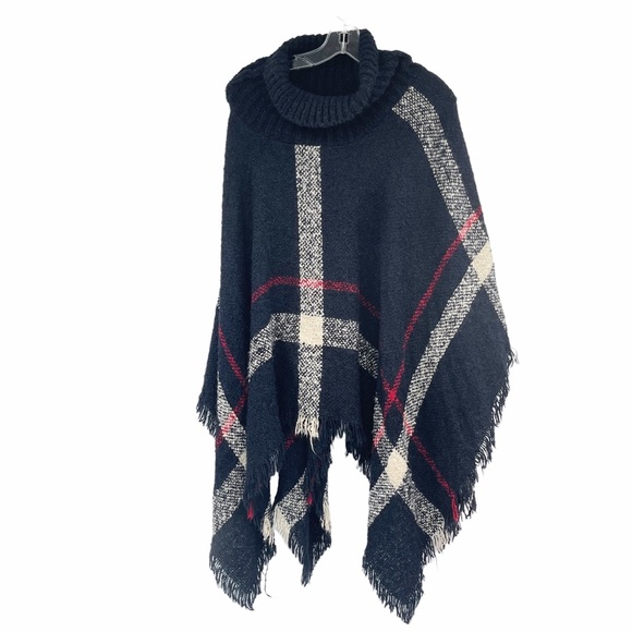 Plaid Navy Poncho Fringe Turtleneck Sweater - Picture 3 of 7